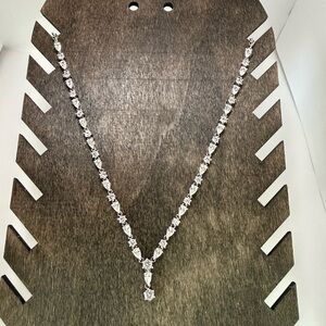 Vintage JCM CZ Tennis Necklace Pear Drop Pendant Silver Tone 17.5” Glam